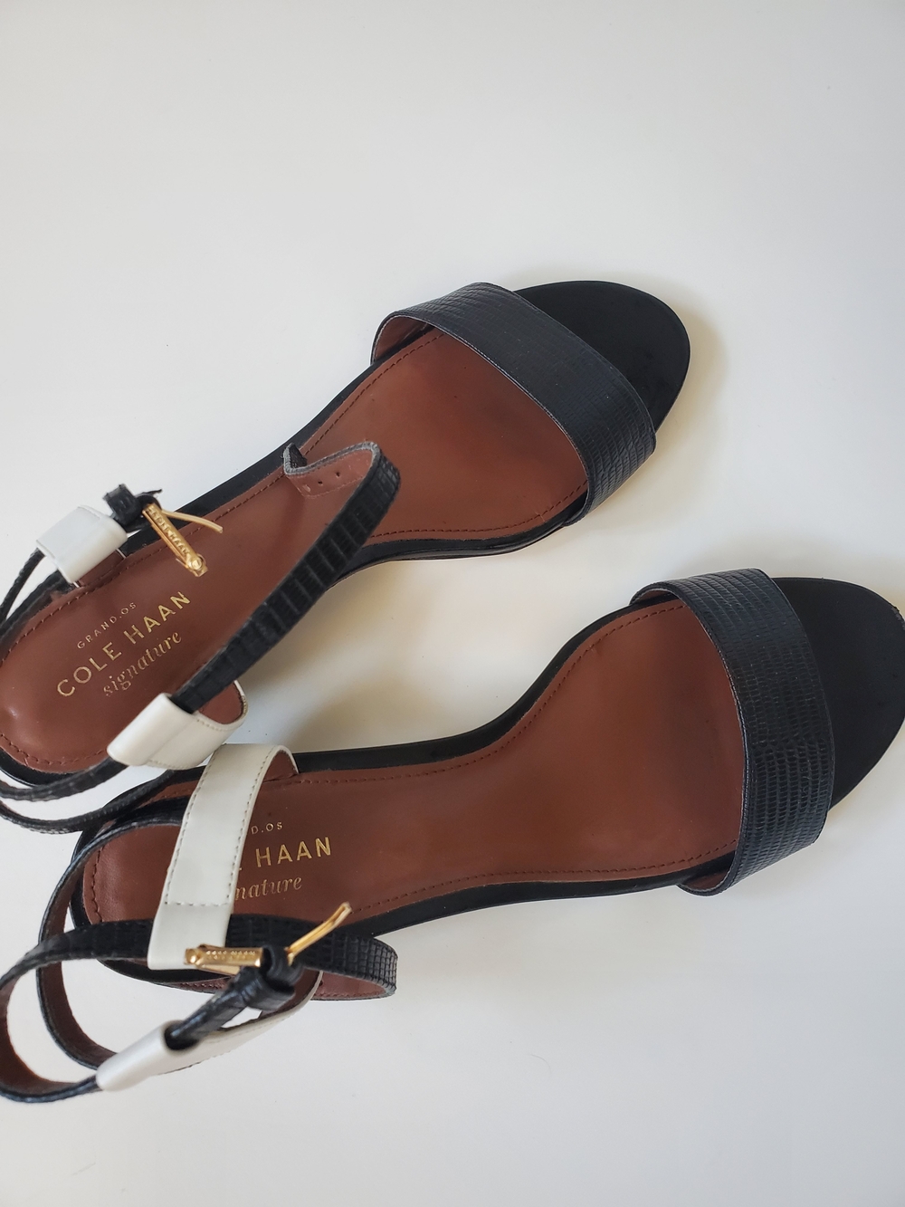 Cole Haan Black and White Leather Open-Toe Ankle-Strap Sandals